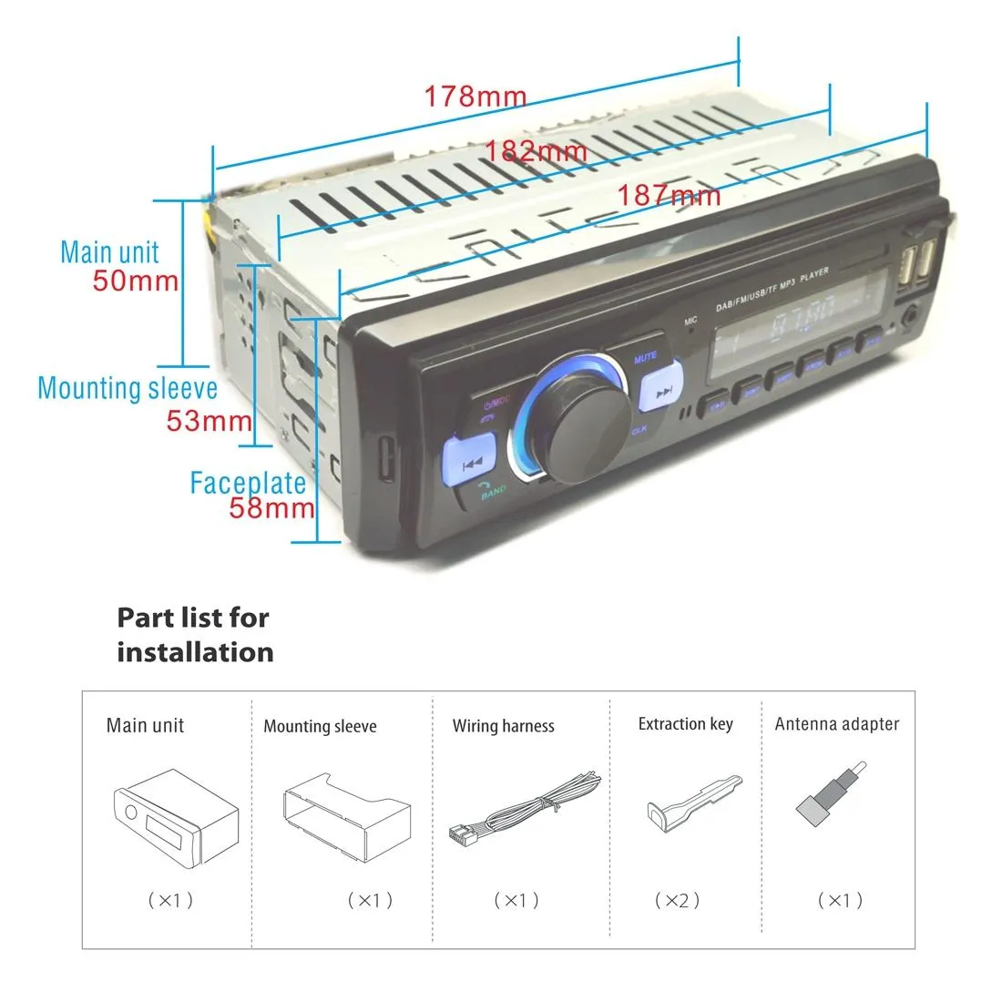 1-Din Car Dab Radio Player - Bluetooth Fm U Disk Mp3 Tf Card