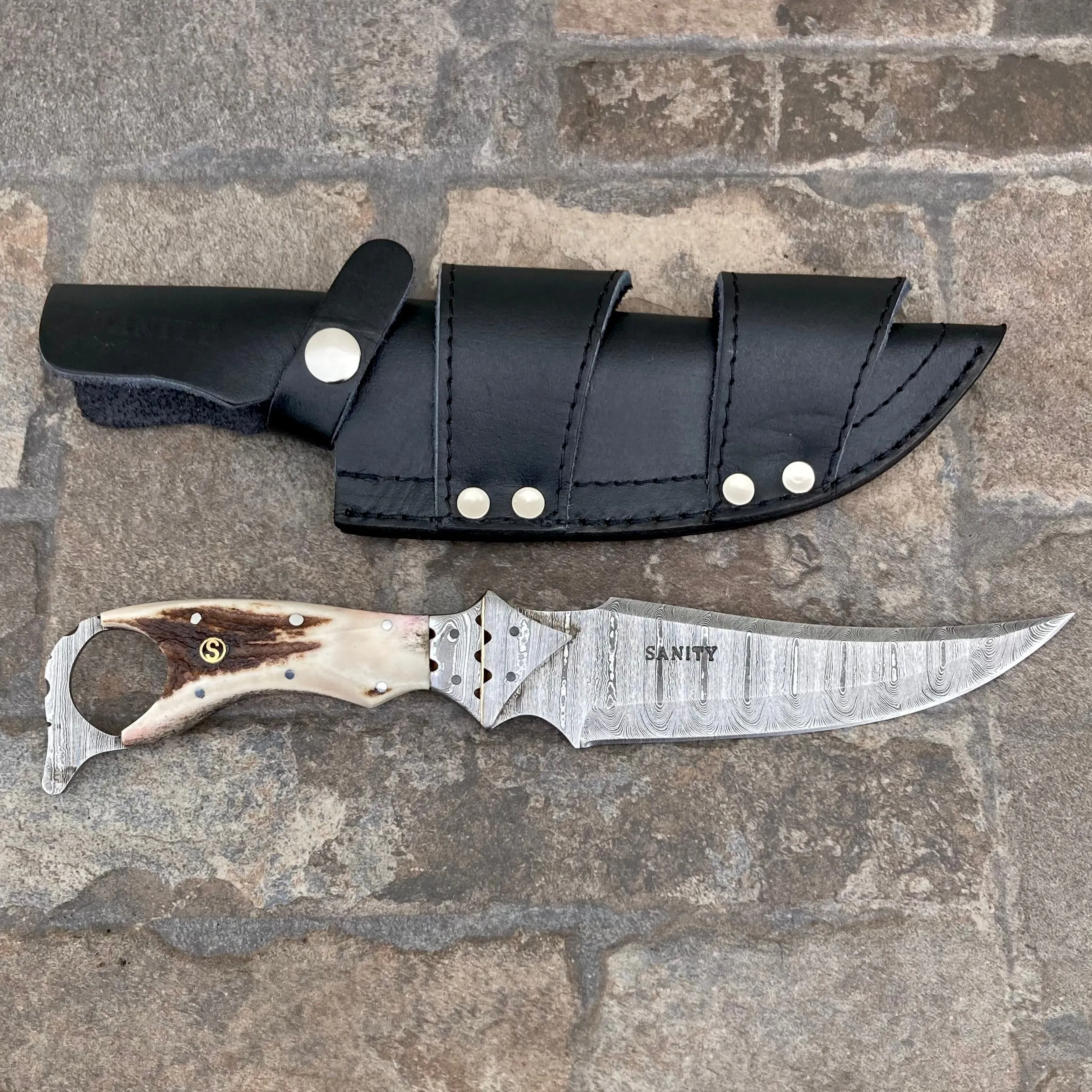 11" John Dillinger - Stag Antler - Damascus - Horizontal & Vertical Carry - JDE10
