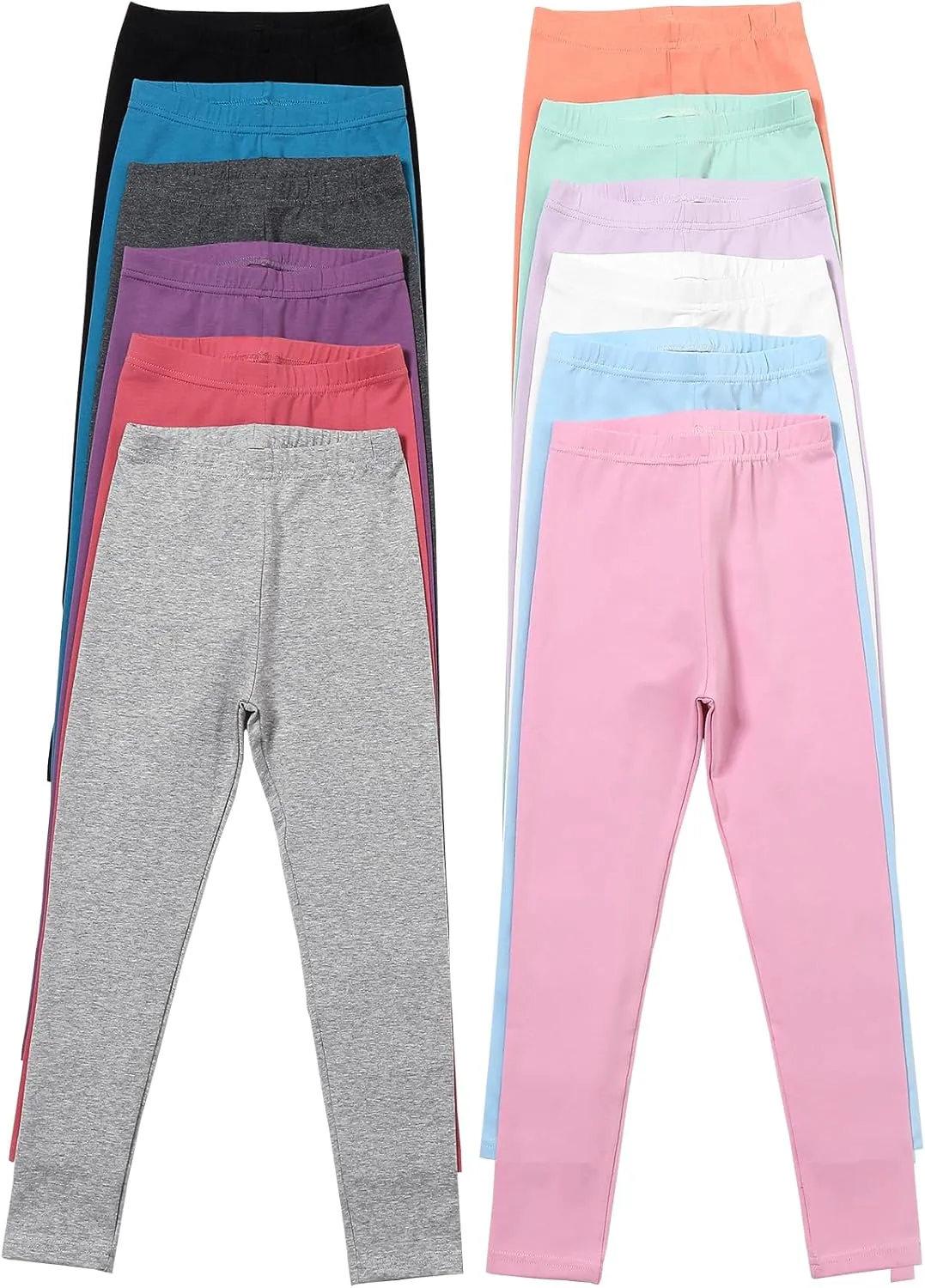 12 Pack Girls Cotton Pants - Toddler Stretch High Waisted Leggings - Soft and Breathable