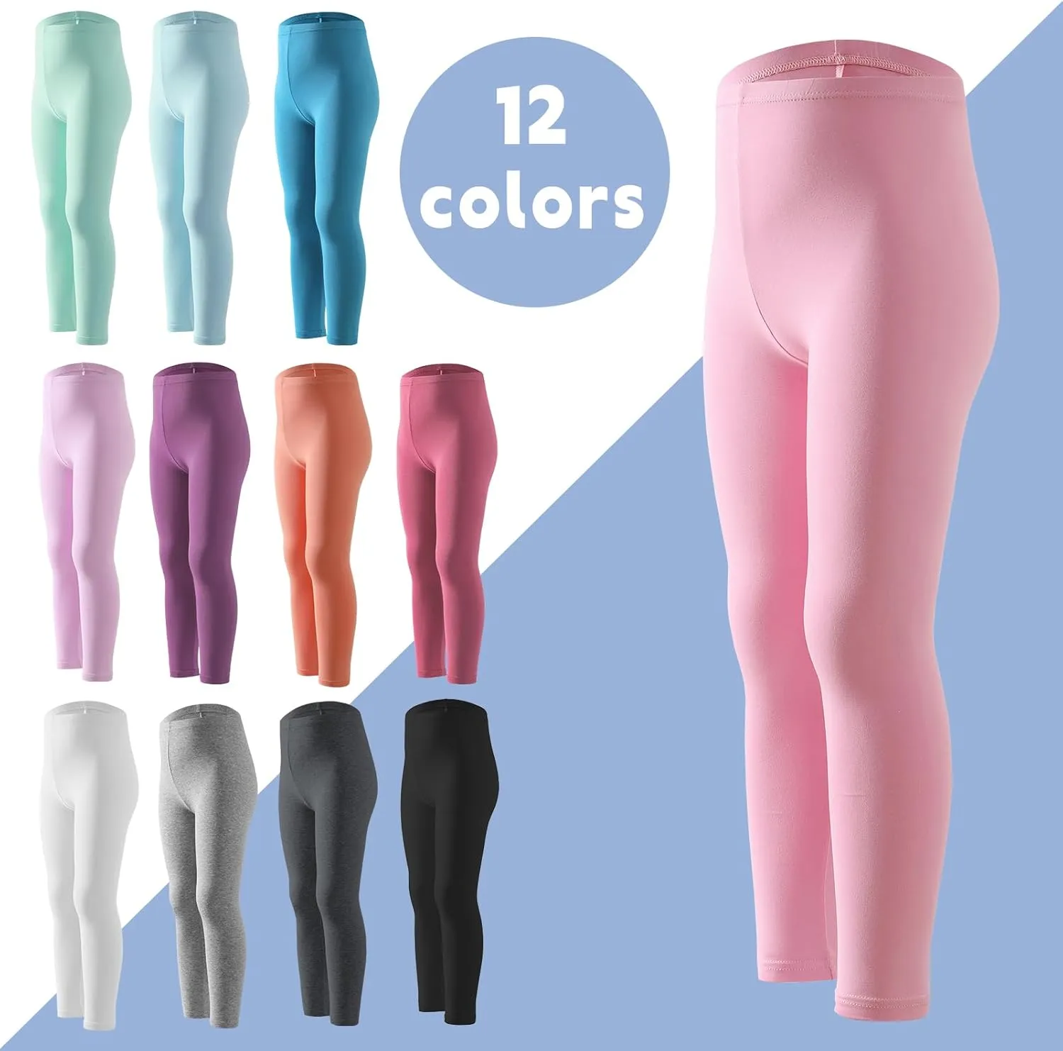 12 Pack Girls Cotton Pants - Toddler Stretch High Waisted Leggings - Soft and Breathable