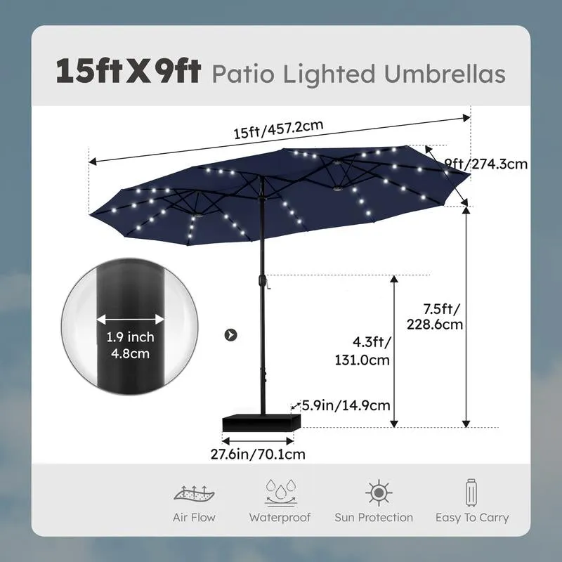 15 Ft Extra Large Patio Umbrella with Solar Lights, Rectangular Outdoor Umbrella with Base Included, Market Umbrella Double-Sided Heavy Duty for Pool Garden Backyard, Beige