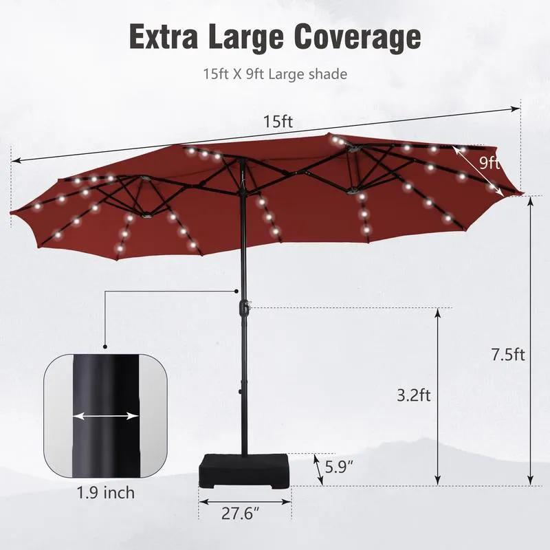 15 Ft Extra Large Patio Umbrella with Solar Lights, Rectangular Outdoor Umbrella with Base Included, Market Umbrella Double-Sided Heavy Duty for Pool Garden Backyard, Beige