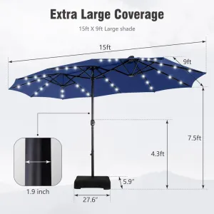 15 Ft Extra Large Patio Umbrella with Solar Lights, Rectangular Outdoor Umbrella with Base Included, Market Umbrella Double-Sided Heavy Duty for Pool Garden Backyard, Beige