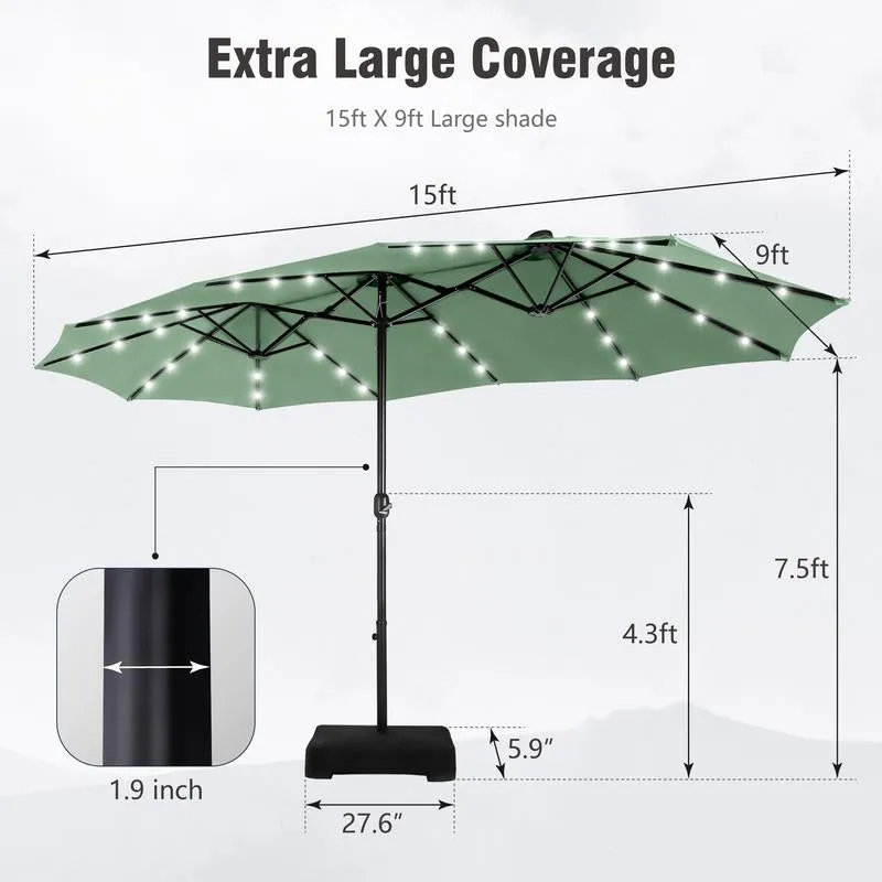 15 Ft Extra Large Patio Umbrella with Solar Lights, Rectangular Outdoor Umbrella with Base Included, Market Umbrella Double-Sided Heavy Duty for Pool Garden Backyard, Beige