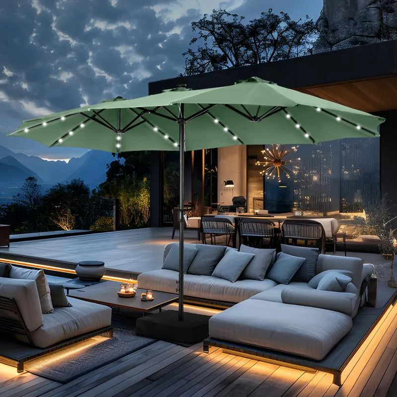 15 Ft Extra Large Patio Umbrella with Solar Lights, Rectangular Outdoor Umbrella with Base Included, Market Umbrella Double-Sided Heavy Duty for Pool Garden Backyard, Beige