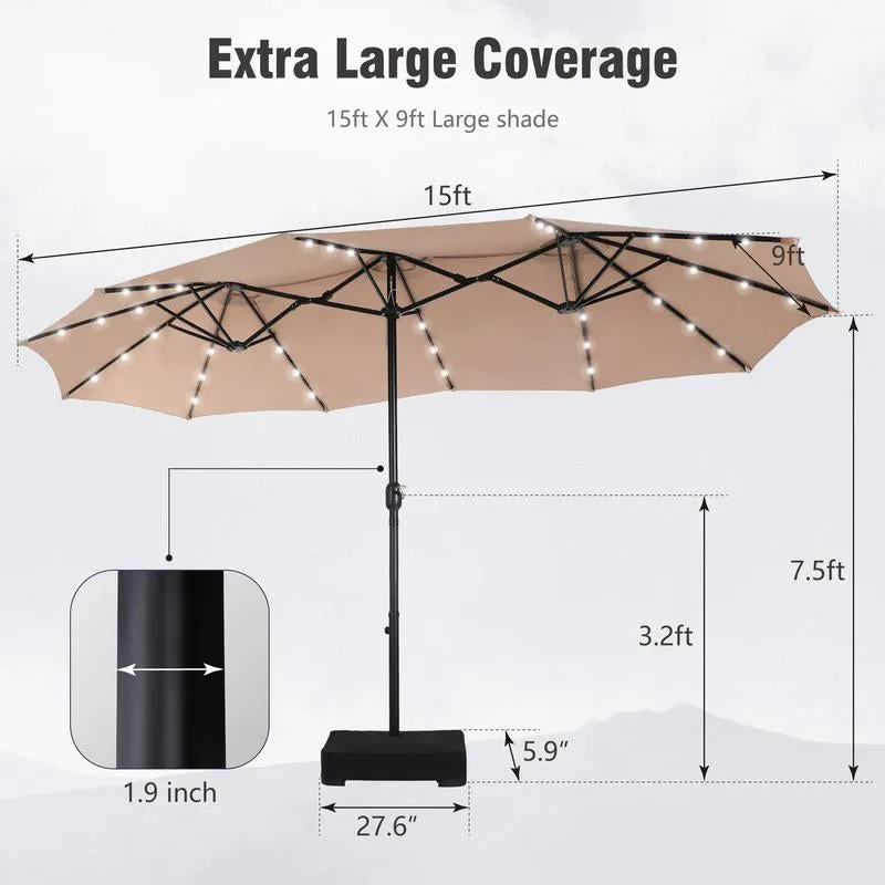 15 Ft Extra Large Patio Umbrella with Solar Lights, Rectangular Outdoor Umbrella with Base Included, Market Umbrella Double-Sided Heavy Duty for Pool Garden Backyard, Beige