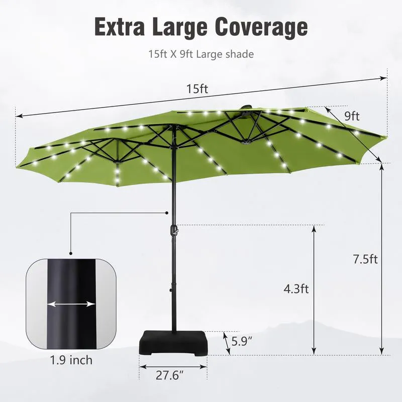 15 Ft Extra Large Patio Umbrella with Solar Lights, Rectangular Outdoor Umbrella with Base Included, Market Umbrella Double-Sided Heavy Duty for Pool Garden Backyard, Beige
