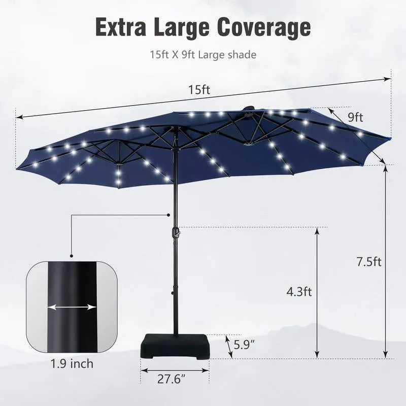15 Ft Extra Large Patio Umbrella with Solar Lights, Rectangular Outdoor Umbrella with Base Included, Market Umbrella Double-Sided Heavy Duty for Pool Garden Backyard, Beige