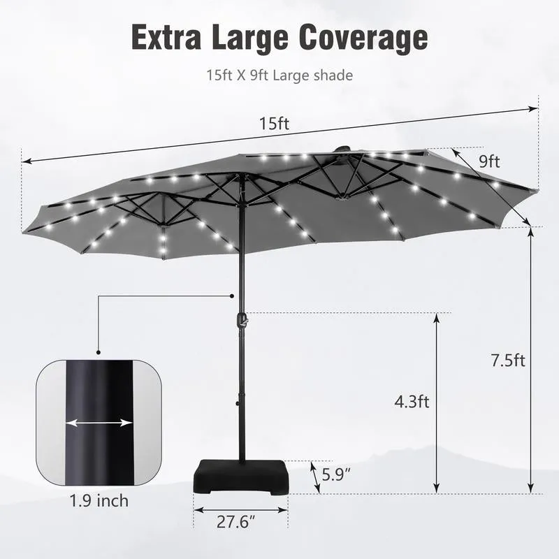 15 Ft Extra Large Patio Umbrella with Solar Lights, Rectangular Outdoor Umbrella with Base Included, Market Umbrella Double-Sided Heavy Duty for Pool Garden Backyard, Beige
