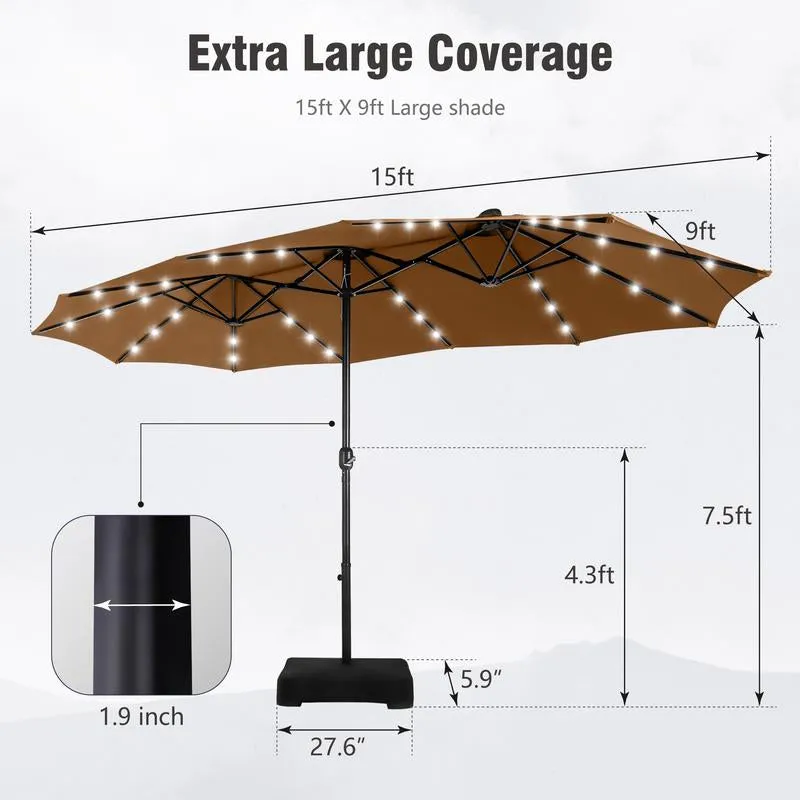15 Ft Extra Large Patio Umbrella with Solar Lights, Rectangular Outdoor Umbrella with Base Included, Market Umbrella Double-Sided Heavy Duty for Pool Garden Backyard, Beige