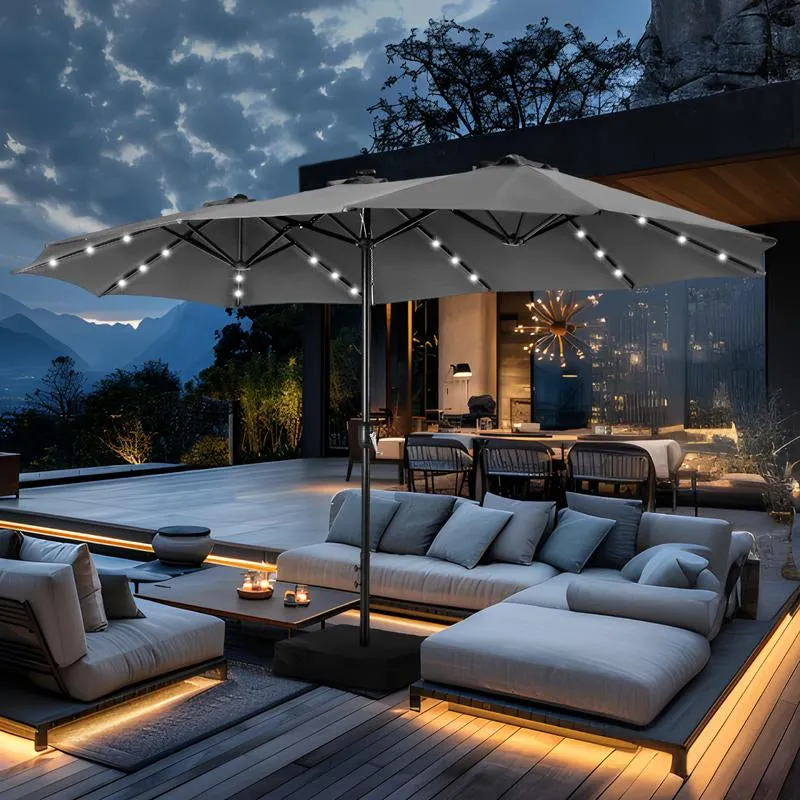 15 Ft Extra Large Patio Umbrella with Solar Lights, Rectangular Outdoor Umbrella with Base Included, Market Umbrella Double-Sided Heavy Duty for Pool Garden Backyard, Beige
