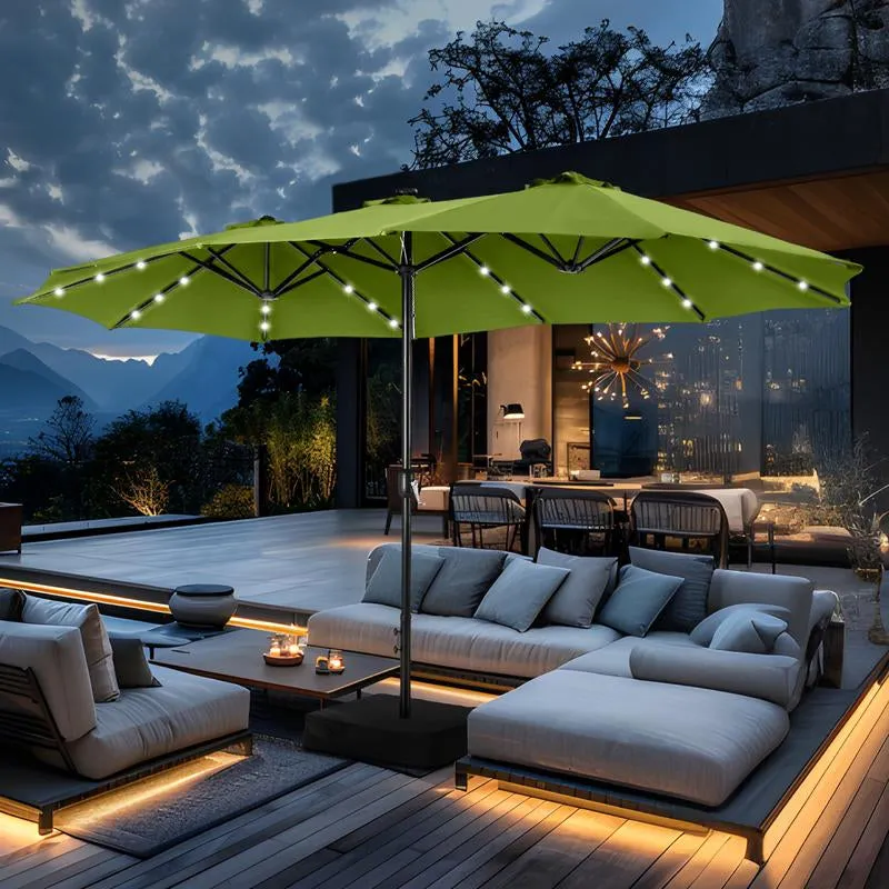 15 Ft Extra Large Patio Umbrella with Solar Lights, Rectangular Outdoor Umbrella with Base Included, Market Umbrella Double-Sided Heavy Duty for Pool Garden Backyard, Beige