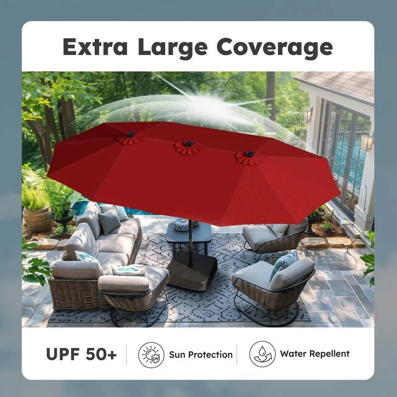 15 Ft Extra Large Patio Umbrella with Solar Lights, Rectangular Outdoor Umbrella with Base Included, Market Umbrella Double-Sided Heavy Duty for Pool Garden Backyard, Beige