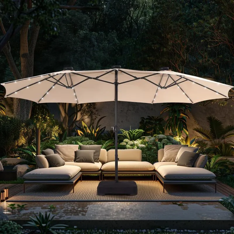 15 Ft Extra Large Patio Umbrella with Solar Lights, Rectangular Outdoor Umbrella with Base Included, Market Umbrella Double-Sided Heavy Duty for Pool Garden Backyard, Beige