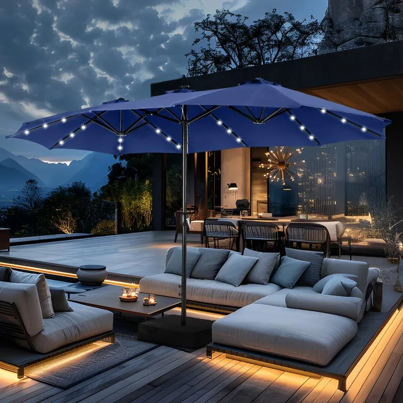 15 Ft Extra Large Patio Umbrella with Solar Lights, Rectangular Outdoor Umbrella with Base Included, Market Umbrella Double-Sided Heavy Duty for Pool Garden Backyard, Beige