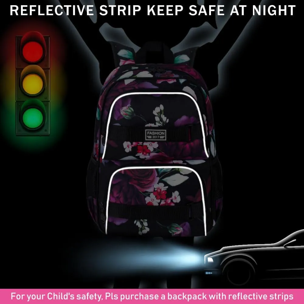 17 Inches Backpack for Girls Women, 3Pcs Rose Laptop Backpacks with Lunch Bag, Water Resistant College School Bookbag Set for Teens Students(Black)