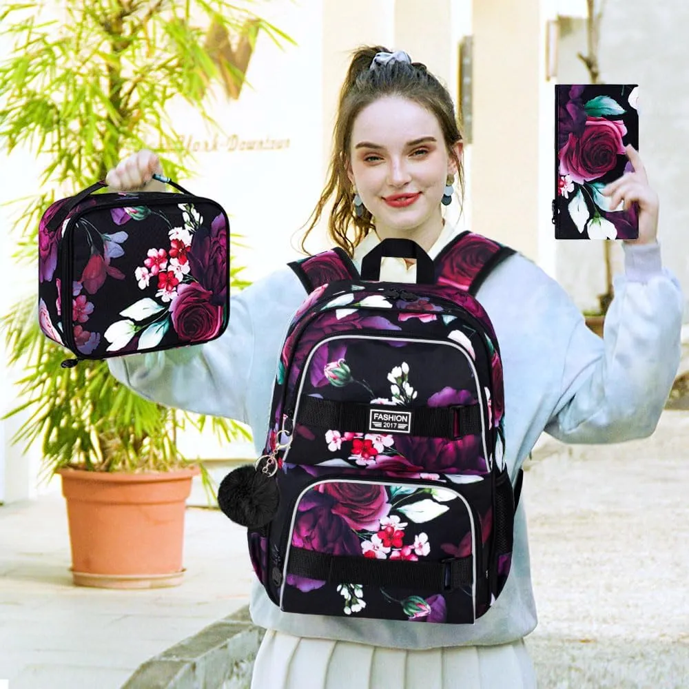 17 Inches Backpack for Girls Women, 3Pcs Rose Laptop Backpacks with Lunch Bag, Water Resistant College School Bookbag Set for Teens Students(Black)