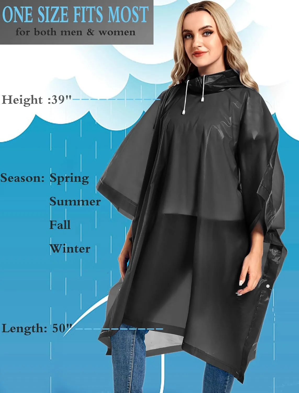 2 Pack Rain Ponchos for Adults Reusable - Raincoats Survival Emergency Heavy Duty Rain Coat with Drawstring Hood