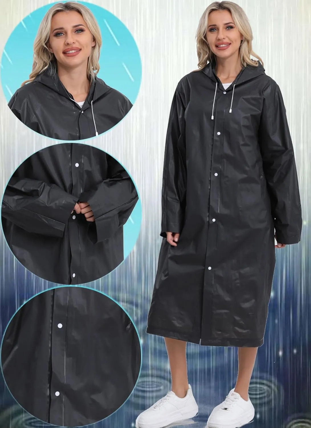 2-Pack Reusable Rain Ponchos for Adults, HOOMBOOM Raincoats Emergency for Women/Men with Drawstring and Sleeves