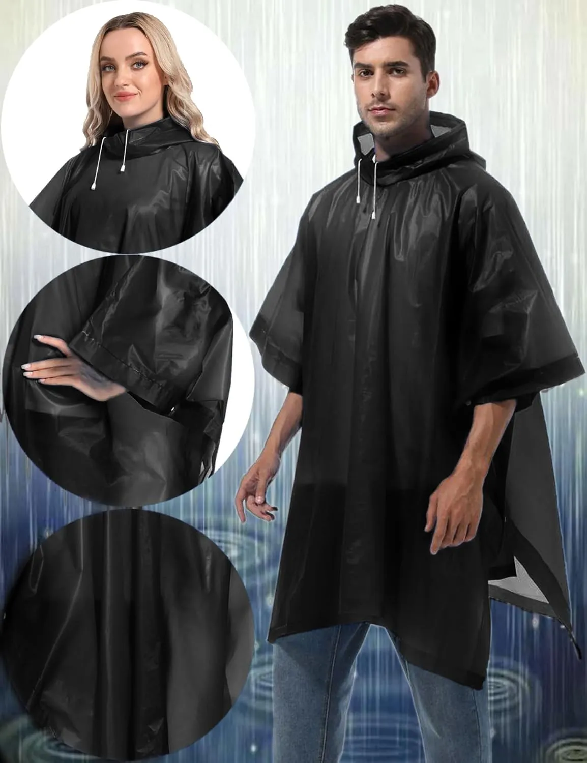2-Pack Reusable Rain Ponchos for Adults, HOOMBOOM Raincoats Emergency Survival for Women/Men Hood and Drawstring