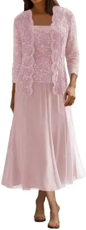 2 Pcs Mother of The Bride Dresses for Wedding Lace Sequins Tea Length Formal Evening Dress with Jackets