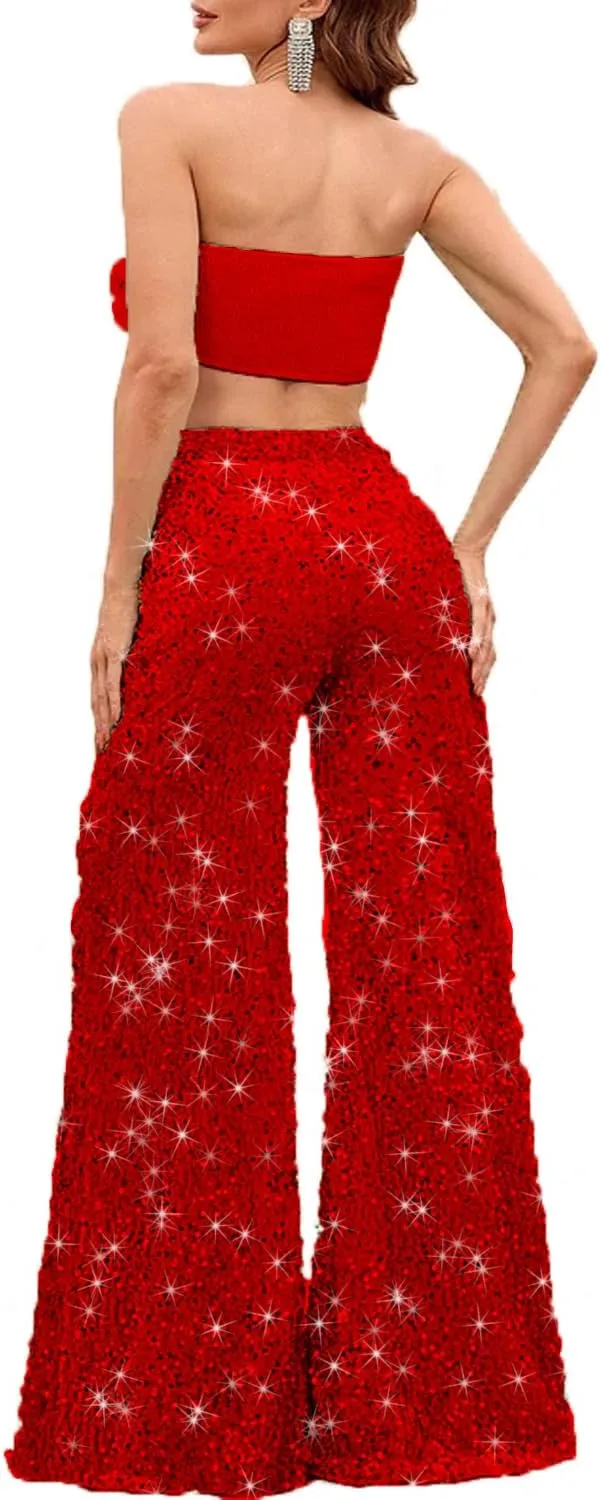 2 Piece Set 3D Flower Strapless Crop Tube Top Prom Tops High Waist Sequin Flare Leg Pants Loose Trousers Jumpsuits