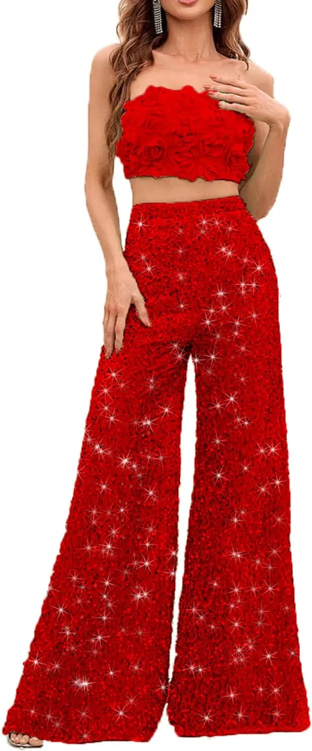 2 Piece Set 3D Flower Strapless Crop Tube Top Prom Tops High Waist Sequin Flare Leg Pants Loose Trousers Jumpsuits