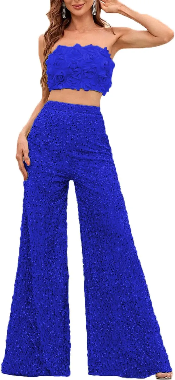 2 Piece Set 3D Flower Strapless Crop Tube Top Prom Tops High Waist Sequin Flare Leg Pants Loose Trousers Jumpsuits