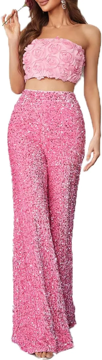 2 Piece Set 3D Flower Strapless Crop Tube Top Prom Tops High Waist Sequin Flare Leg Pants Loose Trousers Jumpsuits