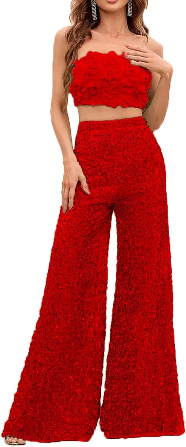 2 Piece Set 3D Flower Strapless Crop Tube Top Prom Tops High Waist Sequin Flare Leg Pants Loose Trousers Jumpsuits