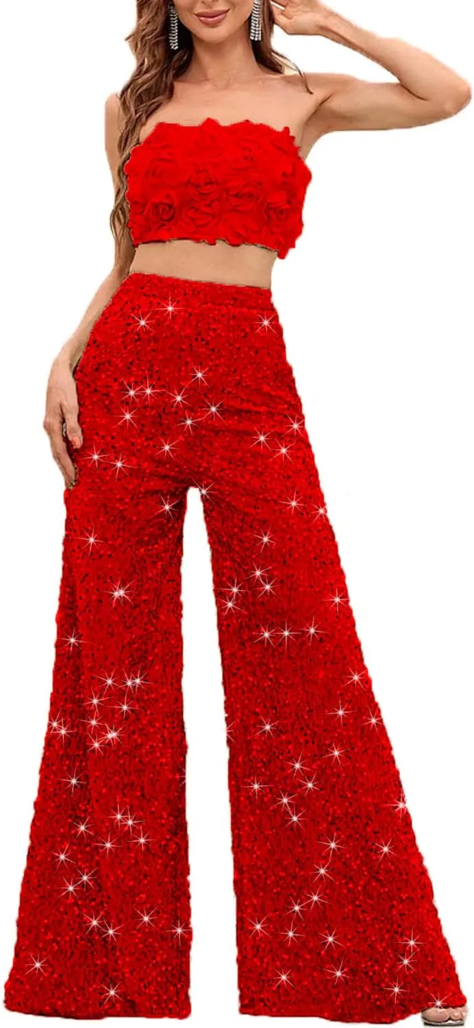 2 Piece Set 3D Flower Strapless Crop Tube Top Prom Tops High Waist Sequin Flare Leg Pants Loose Trousers Jumpsuits
