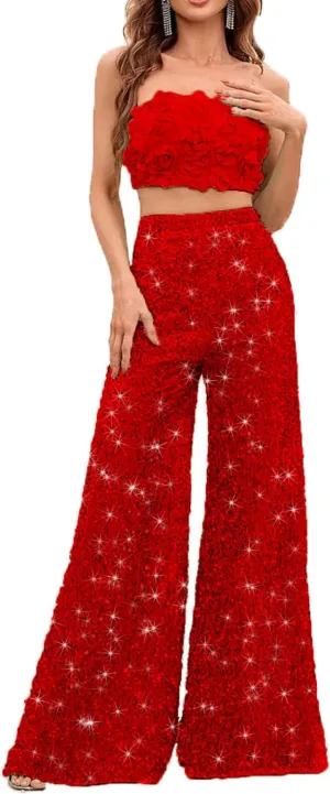 2 Piece Set 3D Flower Strapless Crop Tube Top Prom Tops High Waist Sequin Flare Leg Pants Loose Trousers Jumpsuits