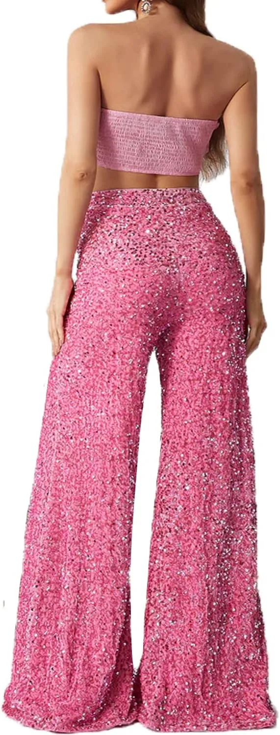 2 Piece Set 3D Flower Strapless Crop Tube Top Prom Tops High Waist Sequin Flare Leg Pants Loose Trousers Jumpsuits
