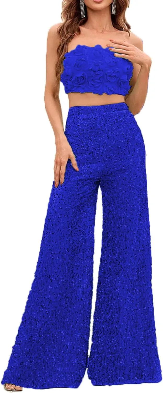 2 Piece Set 3D Flower Strapless Crop Tube Top Prom Tops High Waist Sequin Flare Leg Pants Loose Trousers Jumpsuits