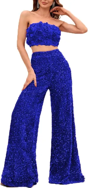 2 Piece Set 3D Flower Strapless Crop Tube Top Prom Tops High Waist Sequin Flare Leg Pants Loose Trousers Jumpsuits