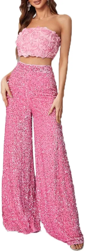 2 Piece Set 3D Flower Strapless Crop Tube Top Prom Tops High Waist Sequin Flare Leg Pants Loose Trousers Jumpsuits