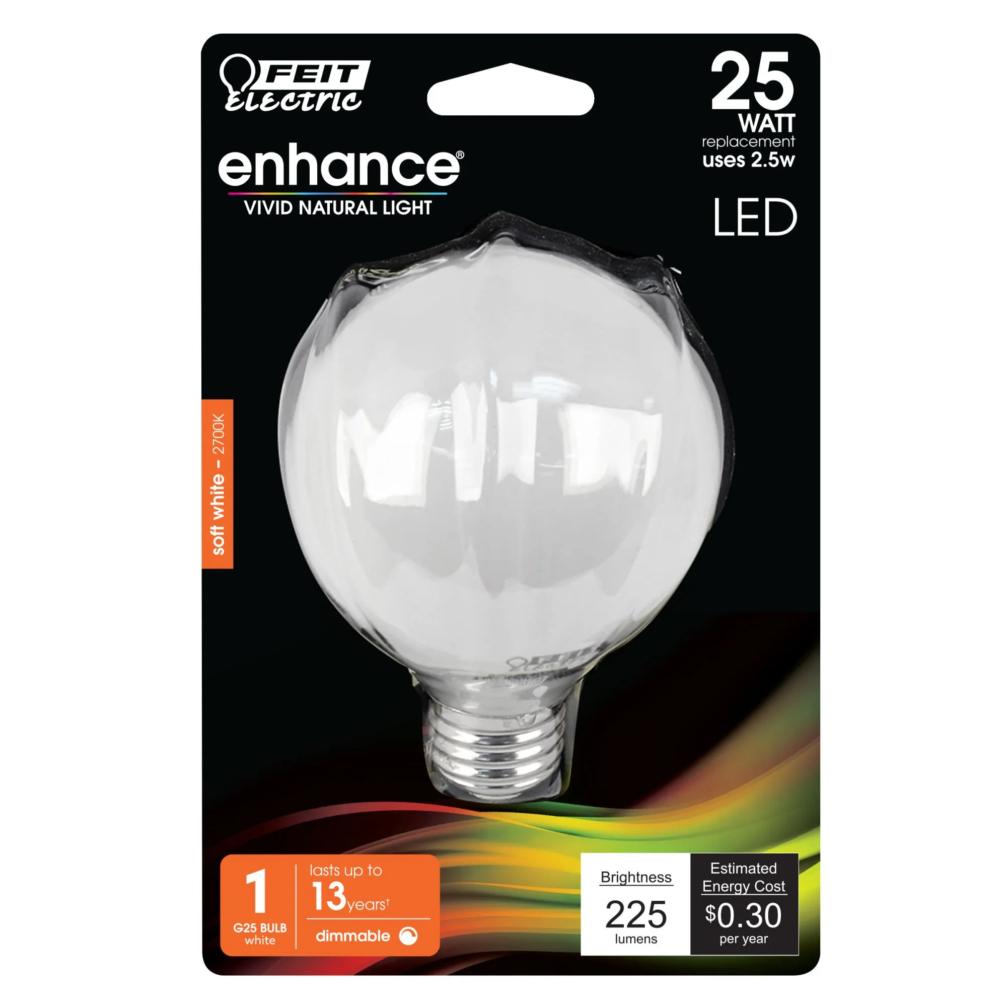 2.5W (25W Replacement) Soft White (2700K) E26 Base G25 Dimmable Frosted Enhance Glass Filament Globe LED Bulb