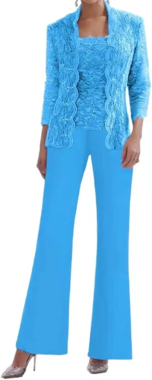 3 Pieces Mother of The Bride Pant Suits for Women Chiffon Laces Applique Formal Evening Gowns with Jacket