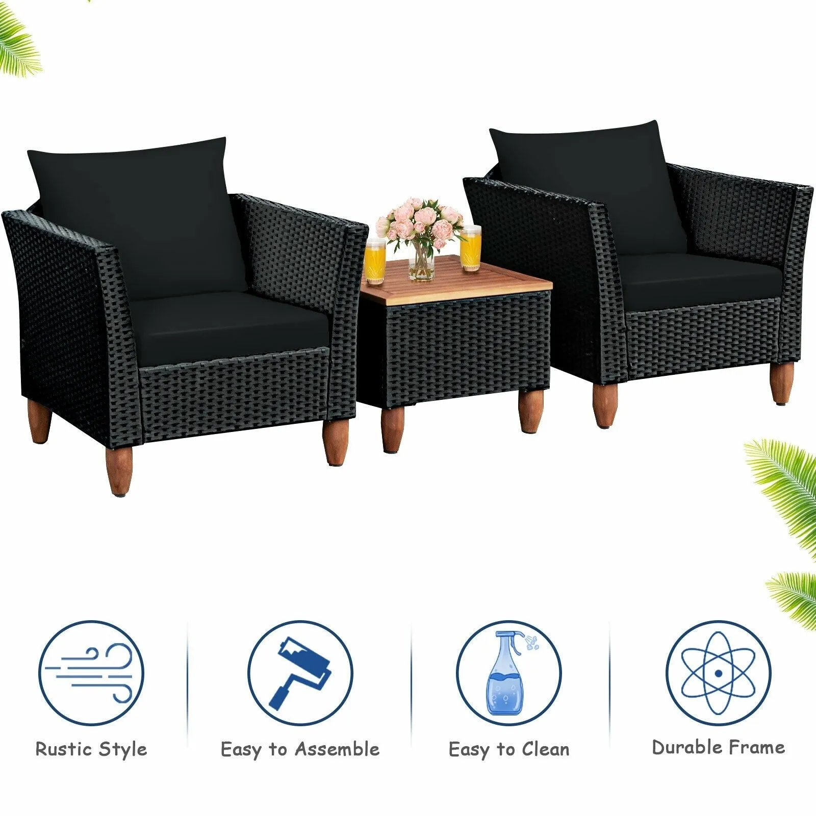 3pc Outdoor Patio Rattan Furniture Set - Black
