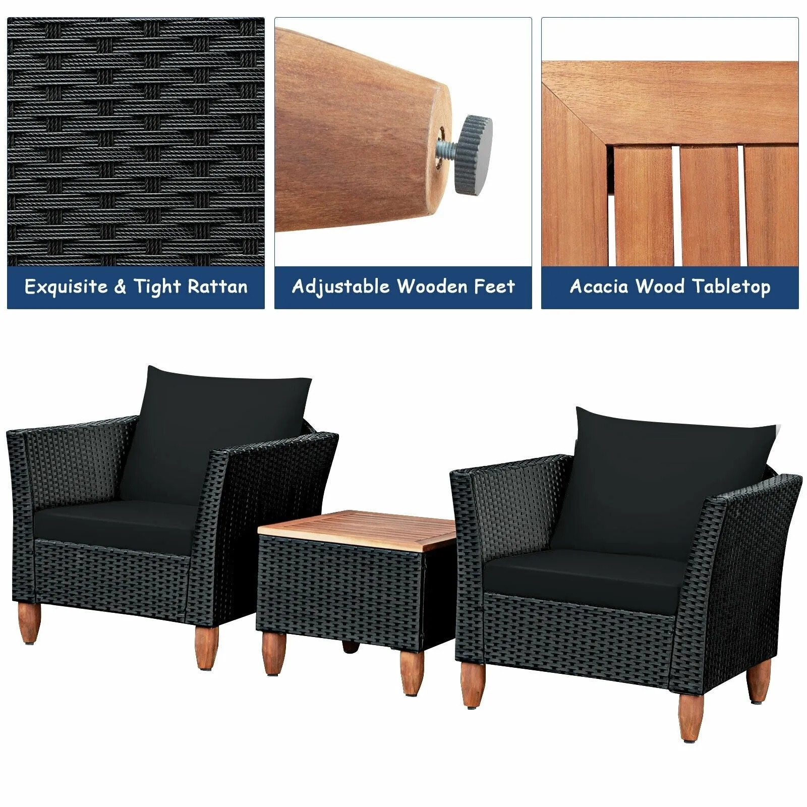 3pc Outdoor Patio Rattan Furniture Set - Black