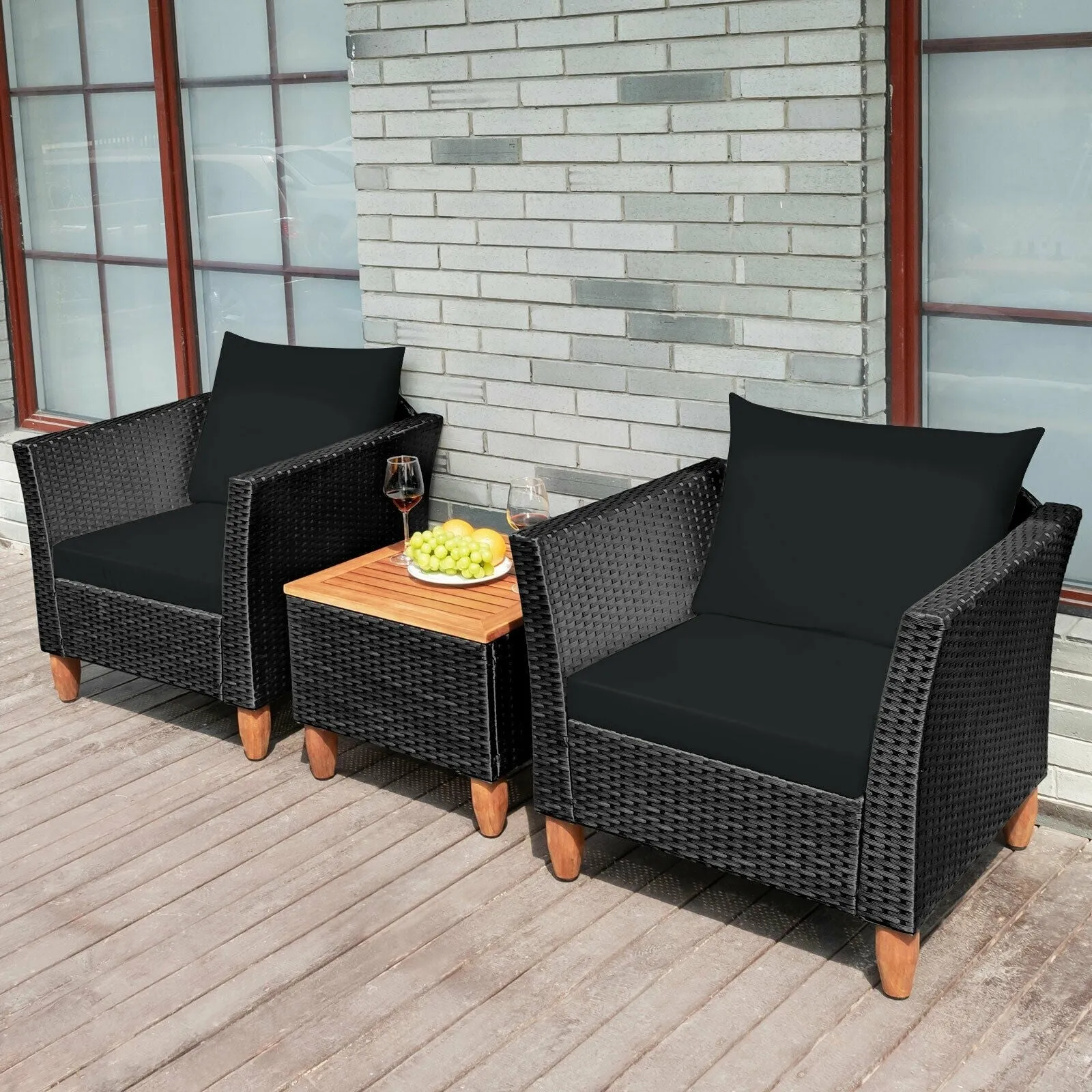 3pc Outdoor Patio Rattan Furniture Set - Black