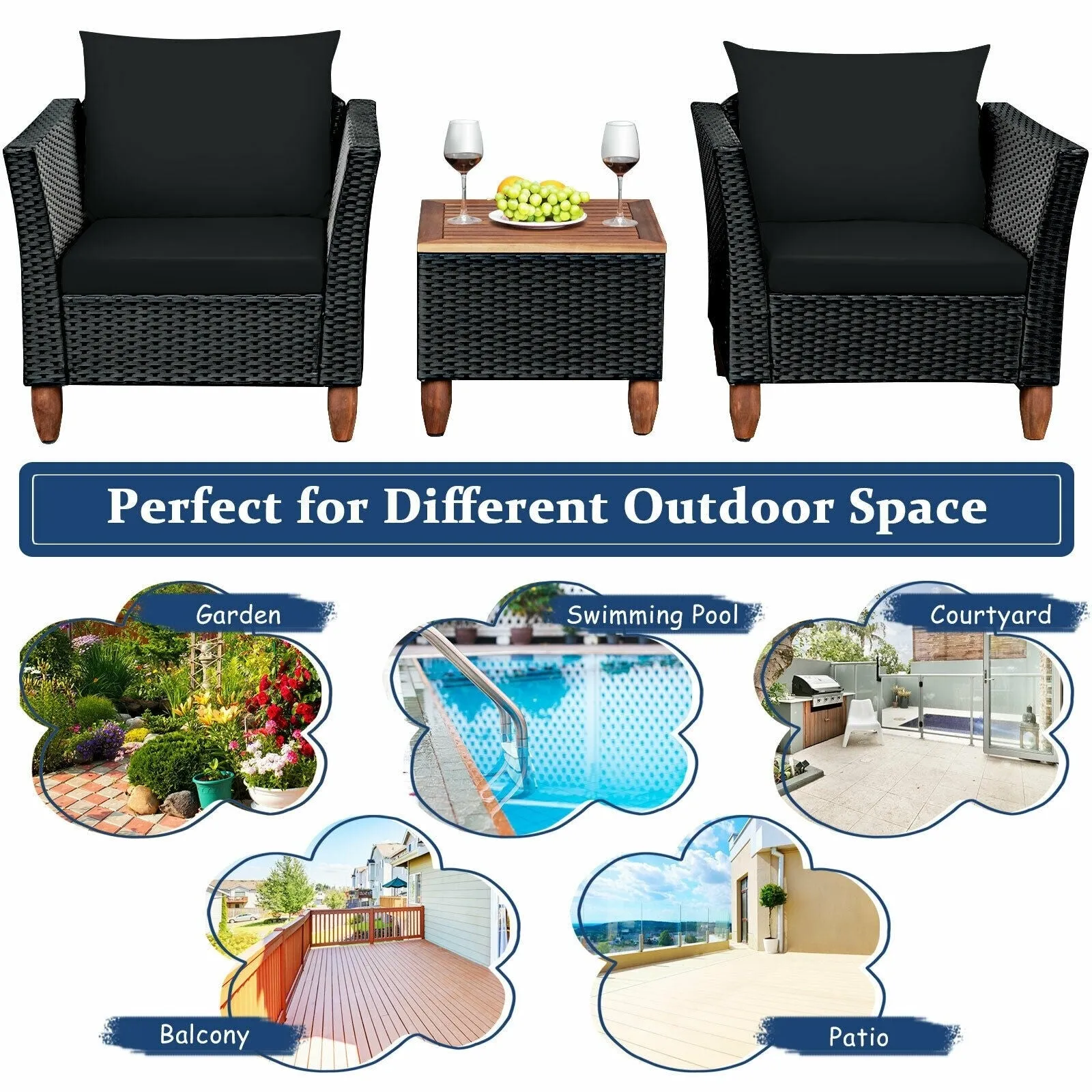 3pc Outdoor Patio Rattan Furniture Set - Black