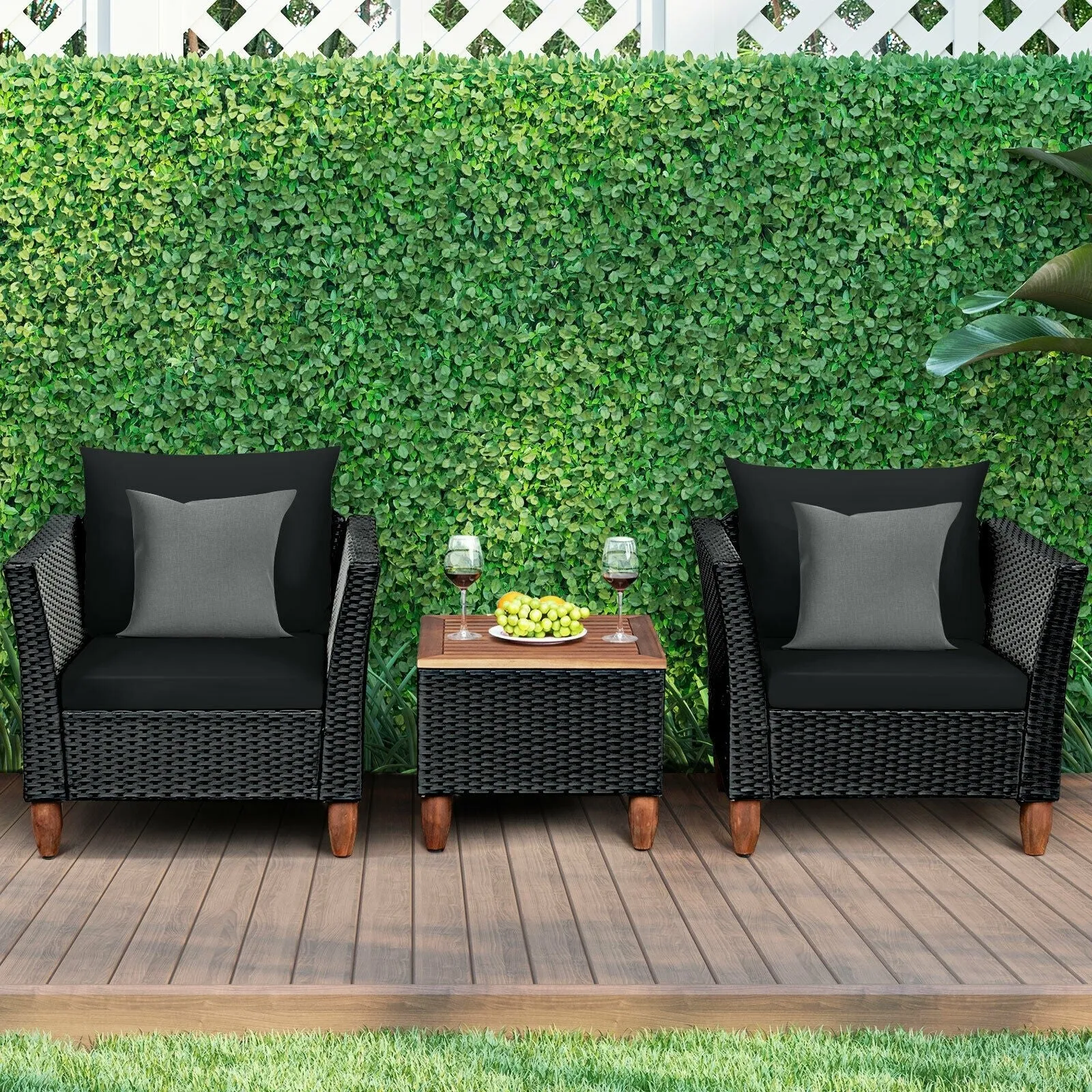 3pc Outdoor Patio Rattan Furniture Set - Black