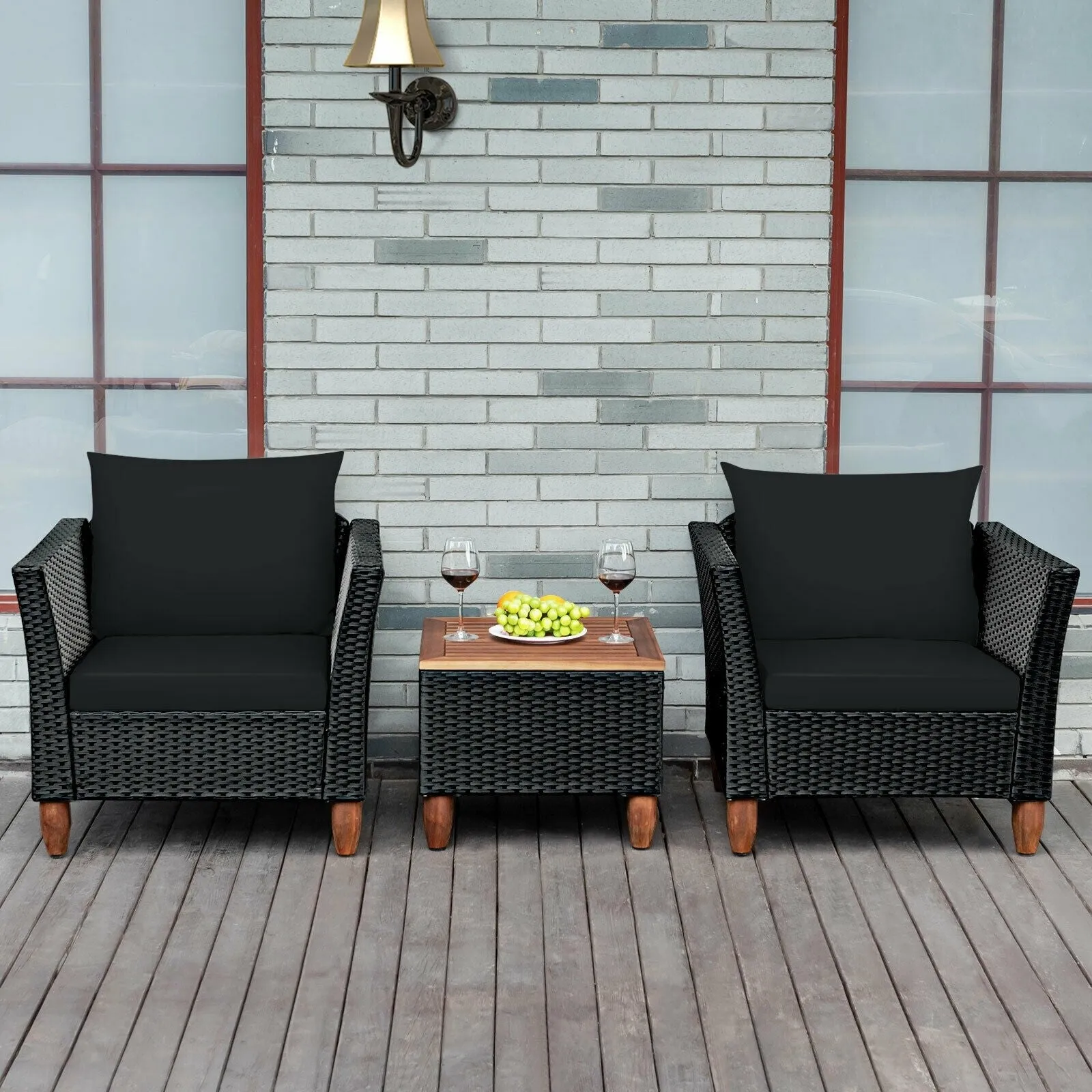 3pc Outdoor Patio Rattan Furniture Set - Black