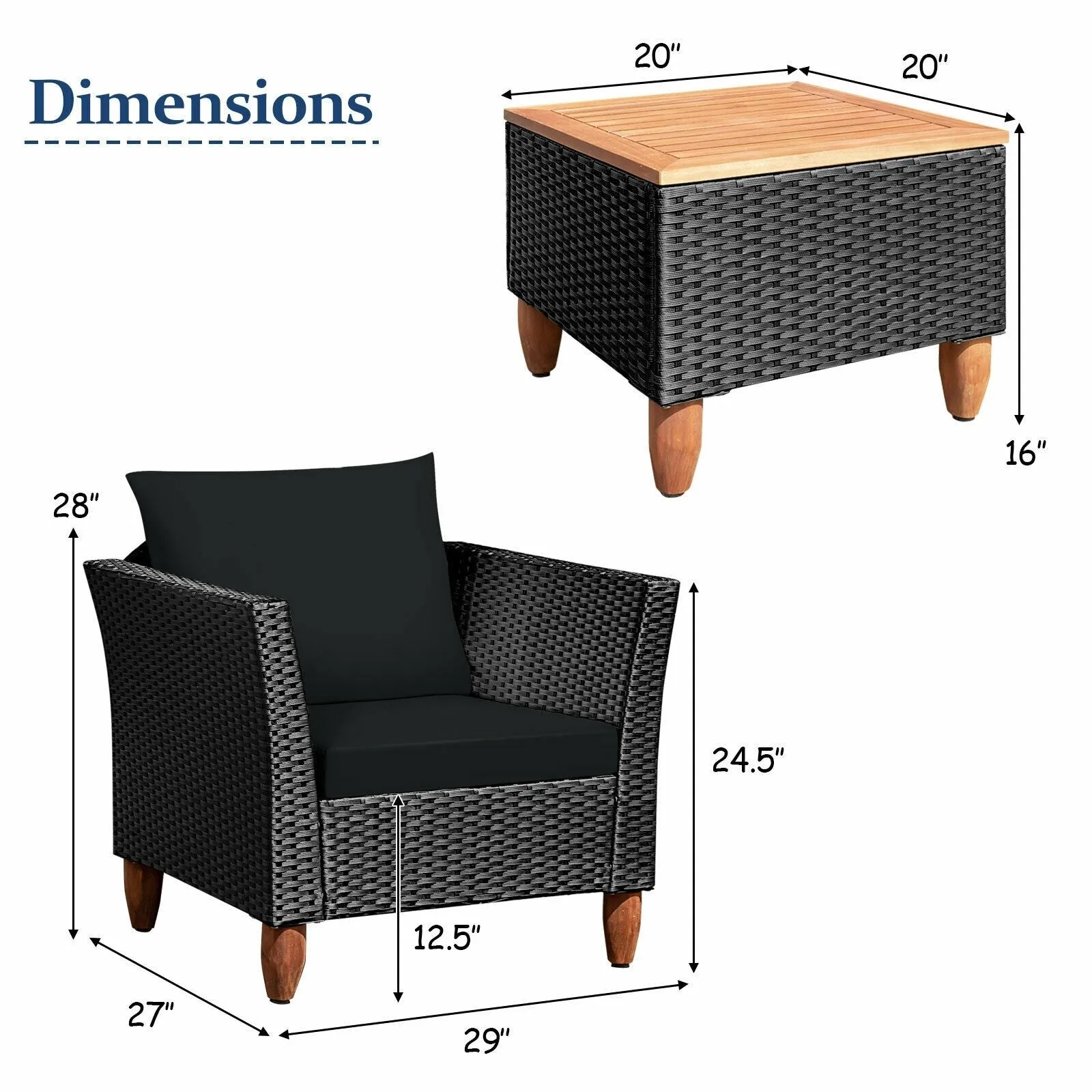 3pc Outdoor Patio Rattan Furniture Set - Black