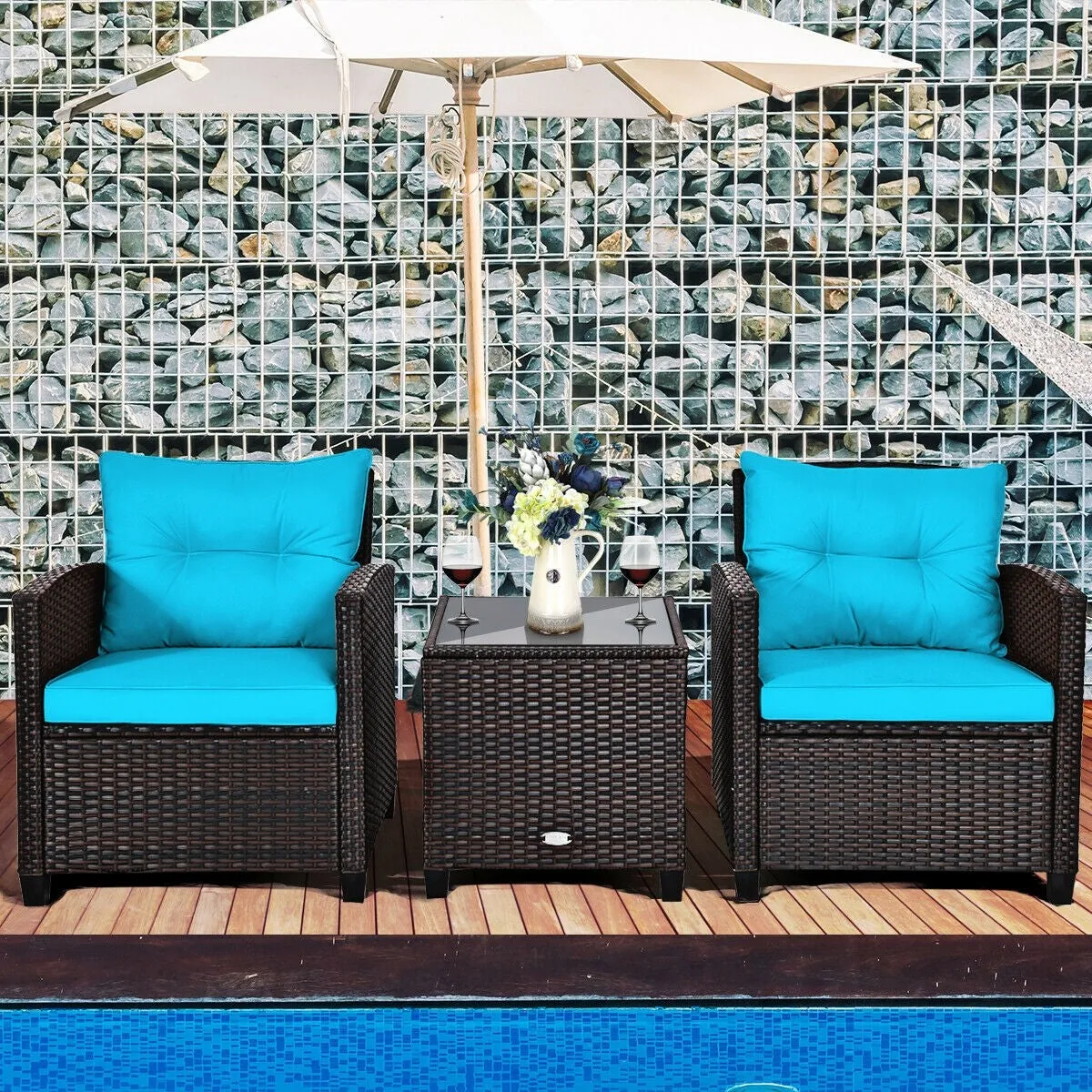 3pc Outdoor Patio Rattan Furniture Set - Turquoise