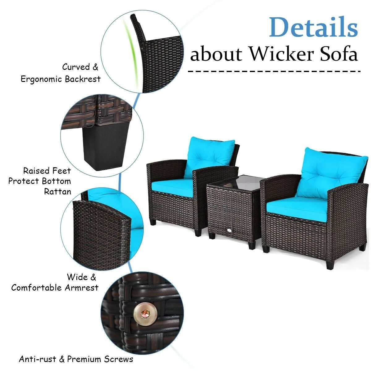 3pc Outdoor Patio Rattan Furniture Set - Turquoise