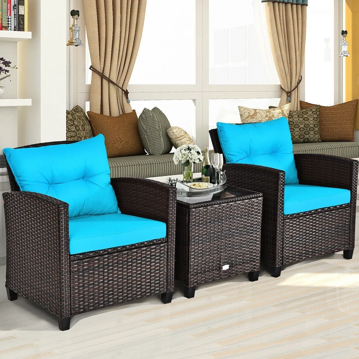 3pc Outdoor Patio Rattan Furniture Set - Turquoise