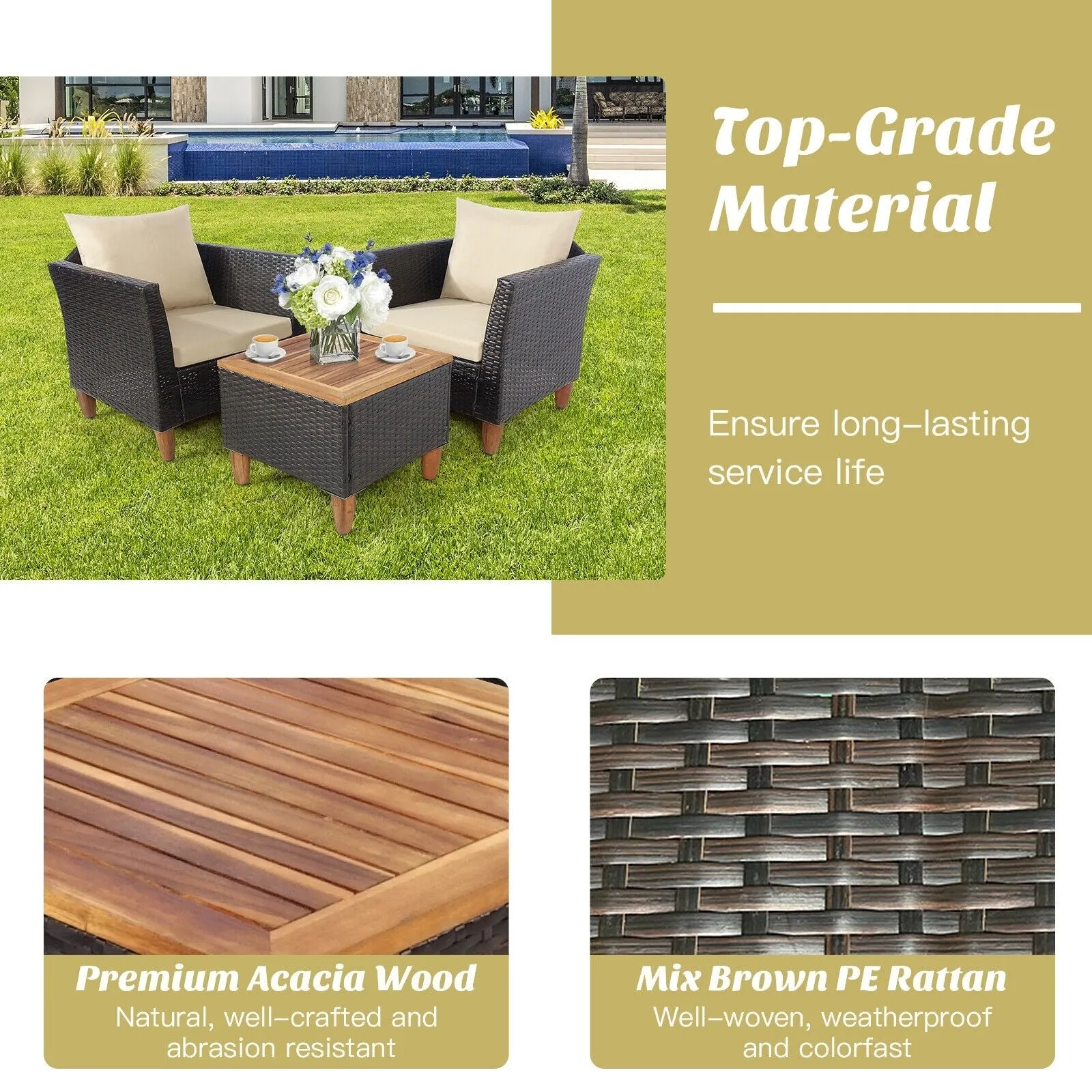 3pc Patio Rattan Furniture Set with Wooden Table Top - Brown