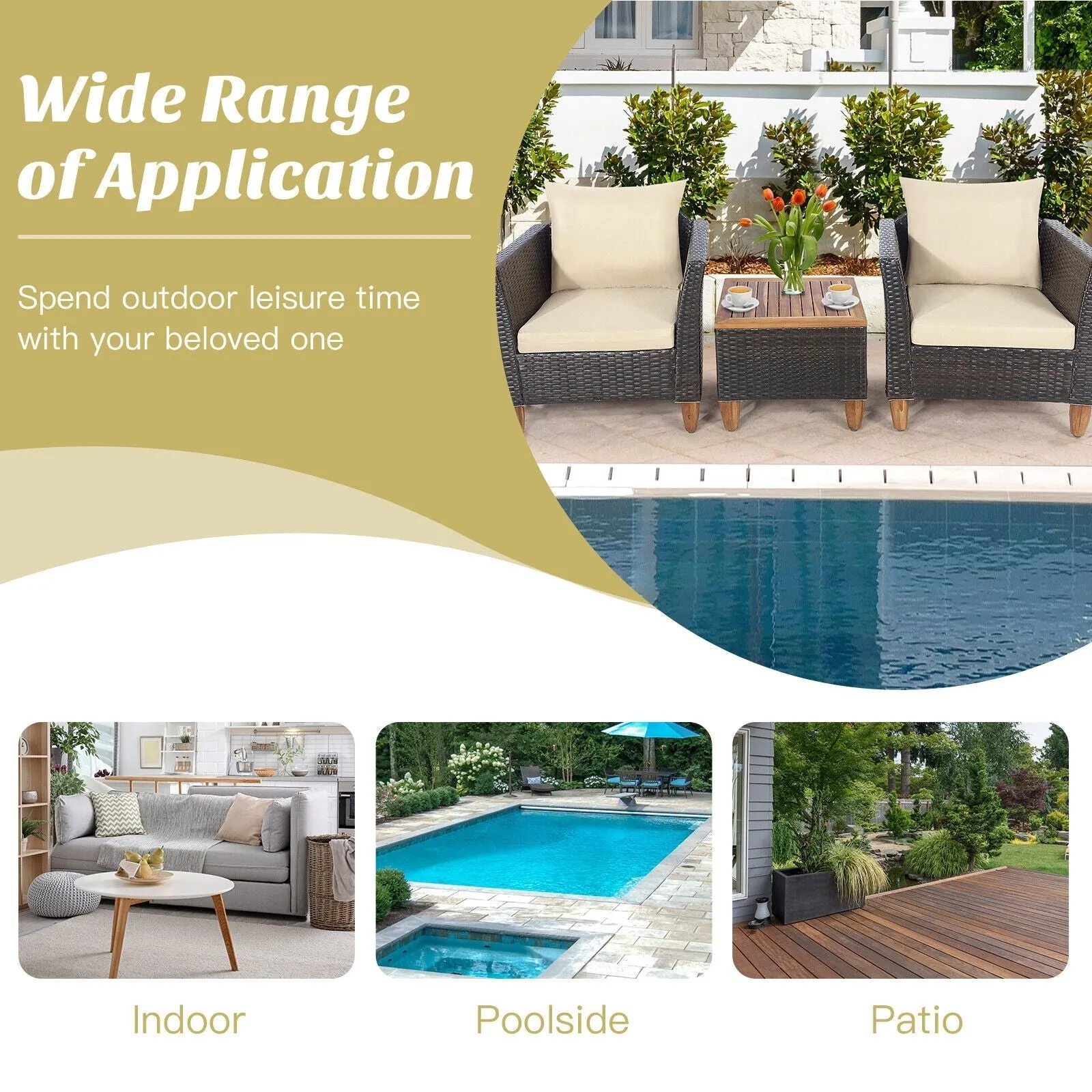3pc Patio Rattan Furniture Set with Wooden Table Top - Brown